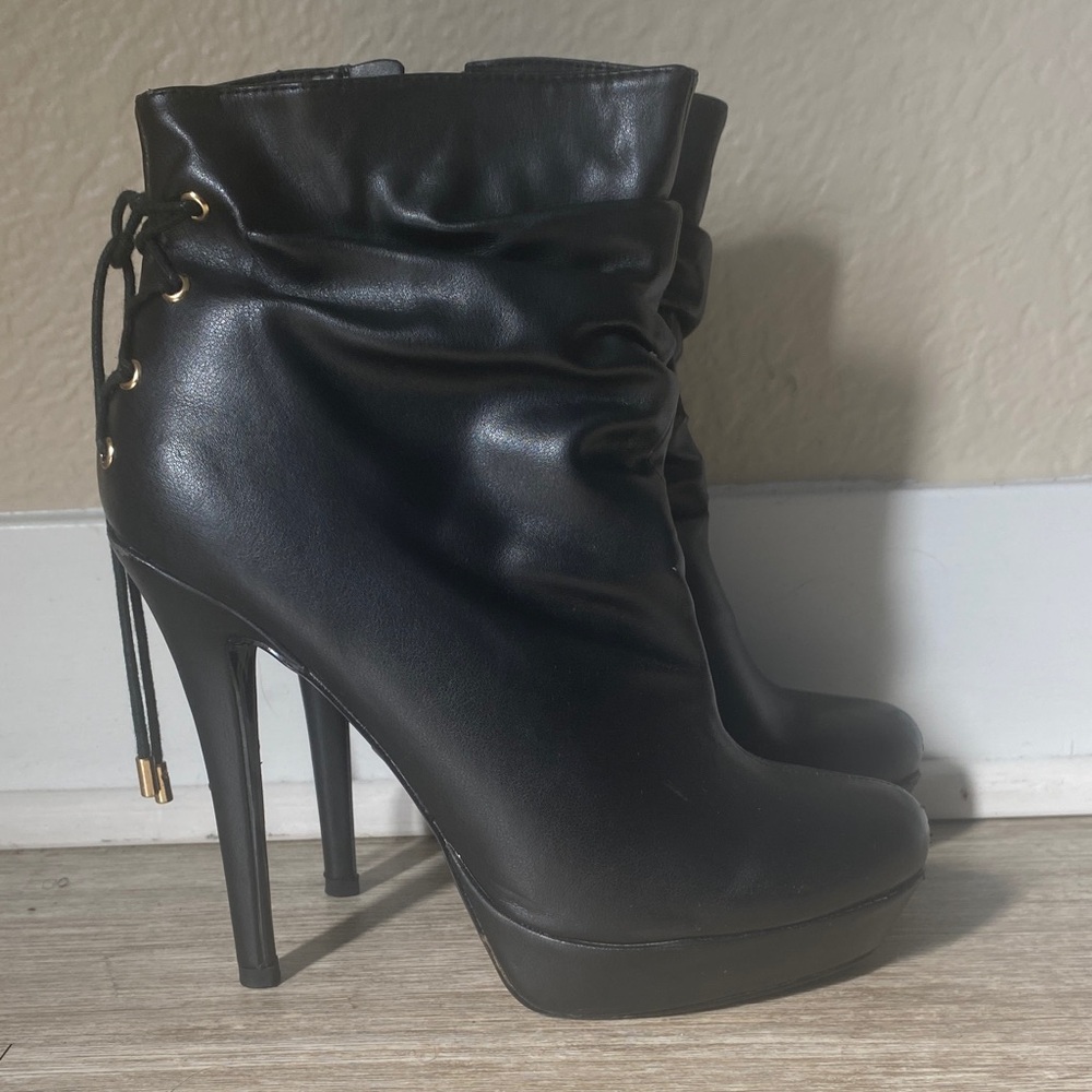 Thalia Sodi Black Heeled Boots with Gold Accents